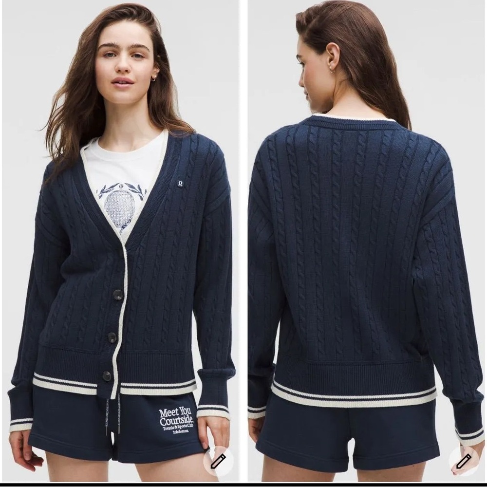 Lululemon Cotton Blend Cable Knit Cardigan Club Blue/Light Ivory M NWT
